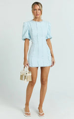 Laila Mini Linen Blend Dress - High Neck Side Cut Out Puff Sleeve Straight Dress in Blue