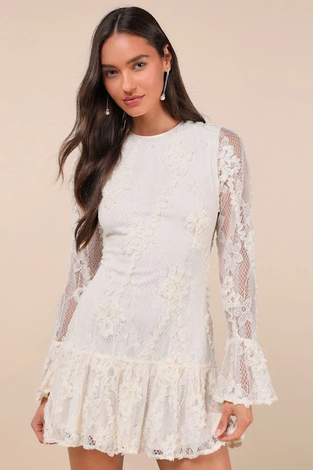Darling Era Ivory Lace Applique Long Sleeve Ruffled Mini Dress